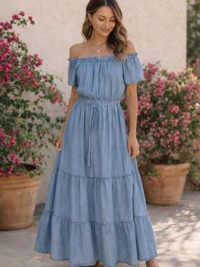 New Directions Off Shoulder Lyocell Chambray Midi Dress Tassel Tie Size L